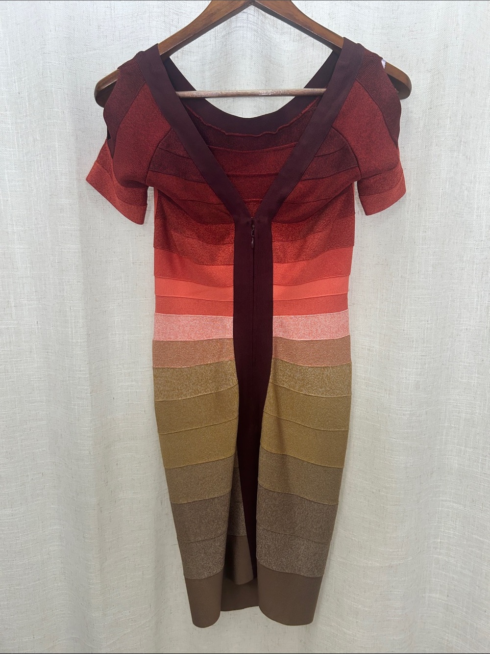 Herve Leger Signature Bandage Striped Ombre Dress in Burgundy, Coral & Tan - Picture 2 of 15